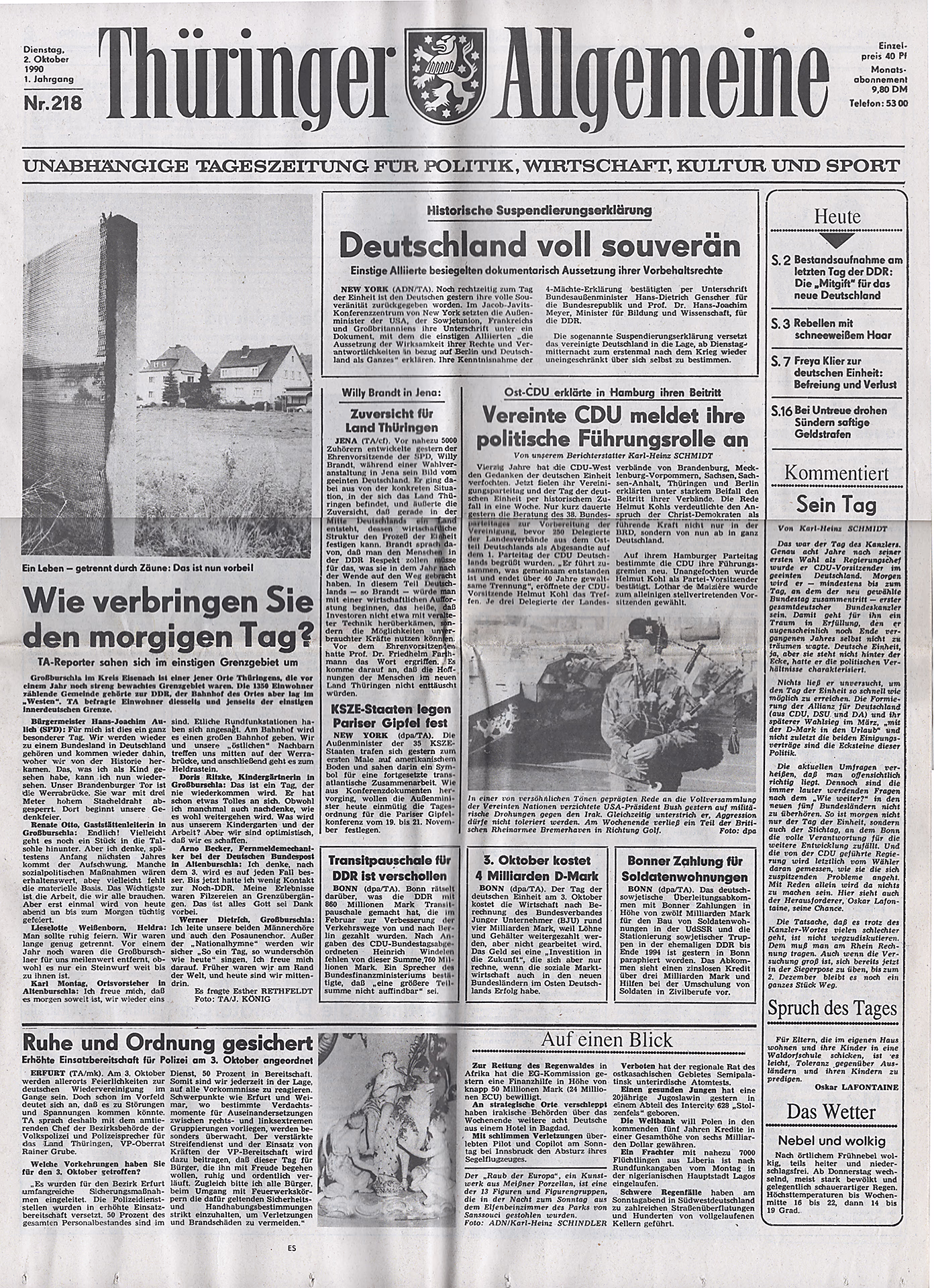 Tageszeitung Thüringer Allgemeine vom 2. Oktober 1990 - Thüringer Allgemeine - Generalanzeiger für Thüringen Tageszeitung Thüringer Allgemeine vom 2. Oktober 1990 - Thüringer Allgemeine - Generalanzeiger für Thüringen